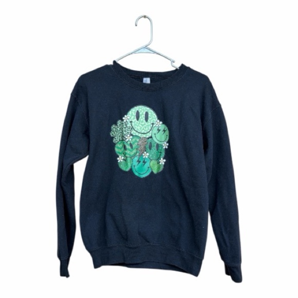 Black Sweatshirt with Green Smiley Face Design